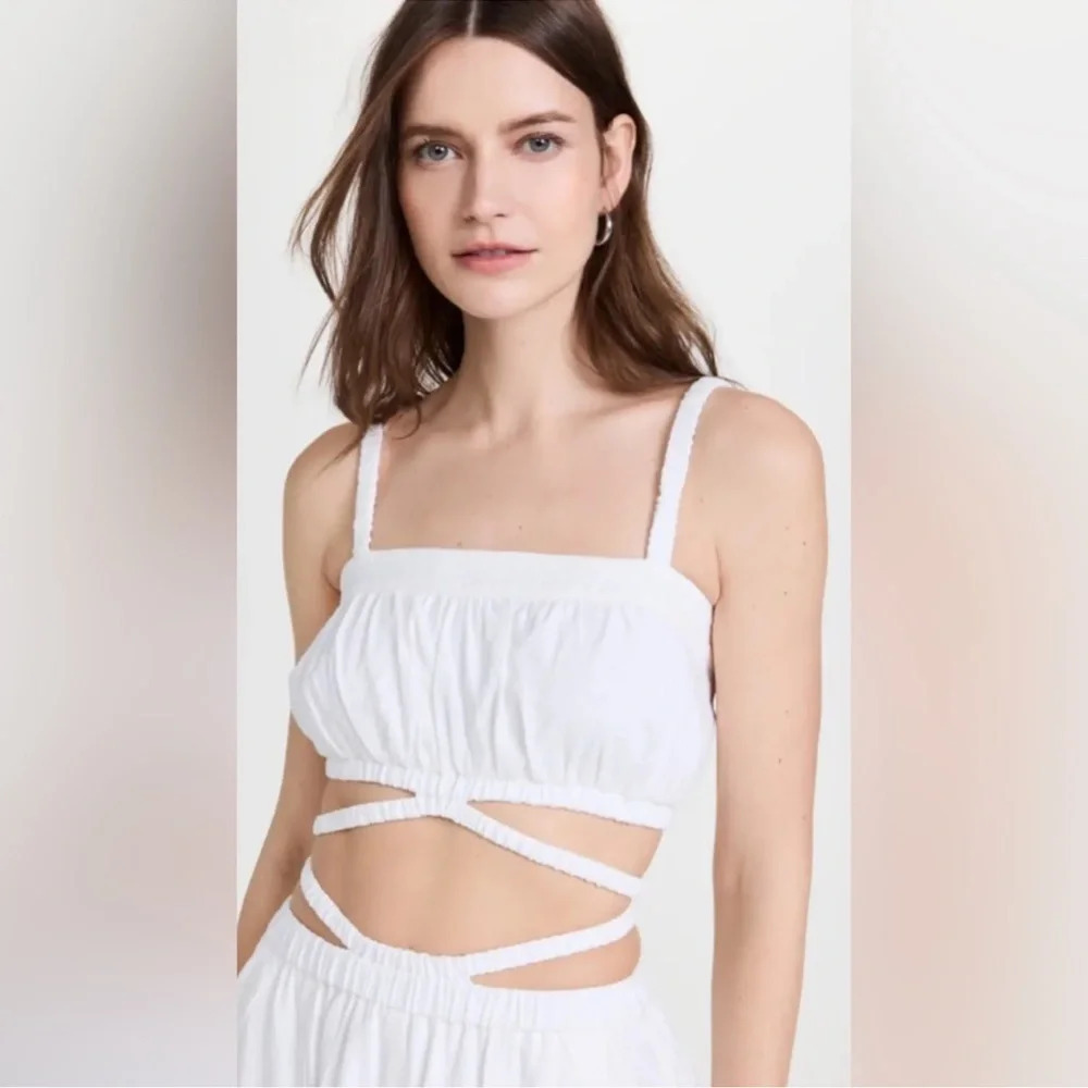 Jonathan Simkhai Clay Linen Crop Top XL White Strappy Ruched Resort NWOT